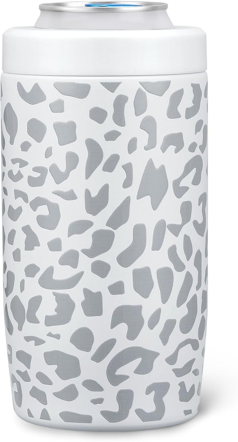 ITSLIFE 4-in-1 Slim Can Cooler Easy to Hold Insulated Beer Can Holder Double-walled Stainless Steel for All 12 Oz Cans Gift (White Leopard) - Image 1